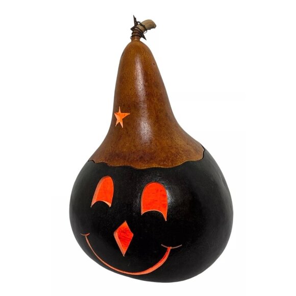Vintage Gourd Lighted Orange & Black Pumpkin Halloween Hand Carved Folk Art Fall - Picture 4 of 13